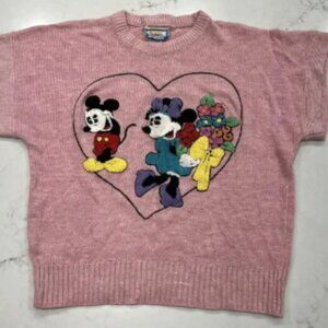 Sunday Comics Sweater M Vintage Mickey Minnie Flowers Short Sleeve Pink Textured
